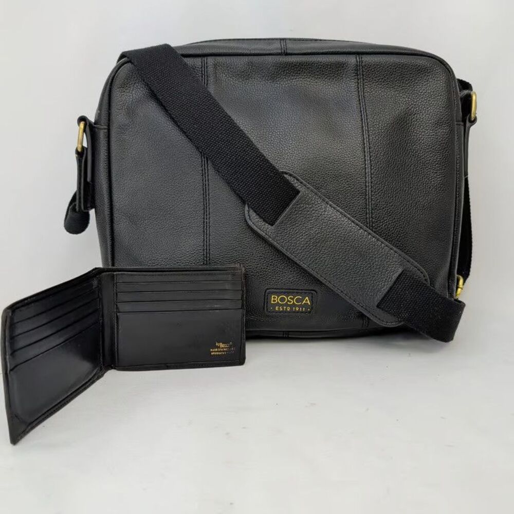 Bosca Black Pebbled Leather Crossbody Messenger Bag and Wallet Set Mens Nylon